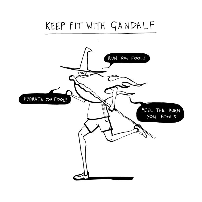 Comic illustration of Gandalf running with a staff, humorously encouraging fitness for smart people.