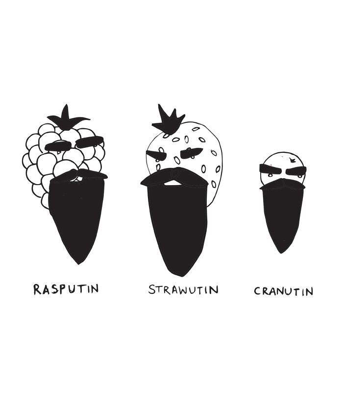 Three black and white dumb comics featuring fruits with beards labeled Rasputin, Strawutin, and Cranutin for smart people.