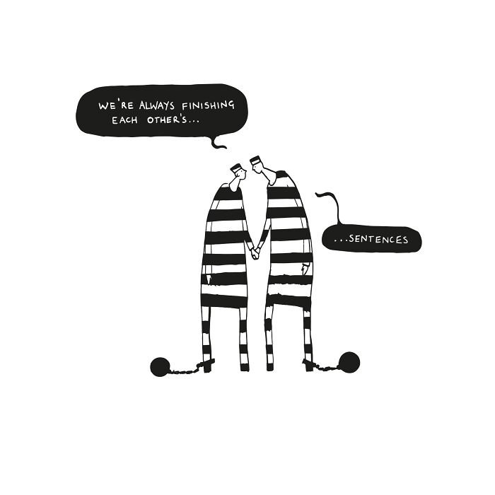 Two prisoners in striped uniforms holding hands, completing each other's sentences in a dumb comic for smart people.