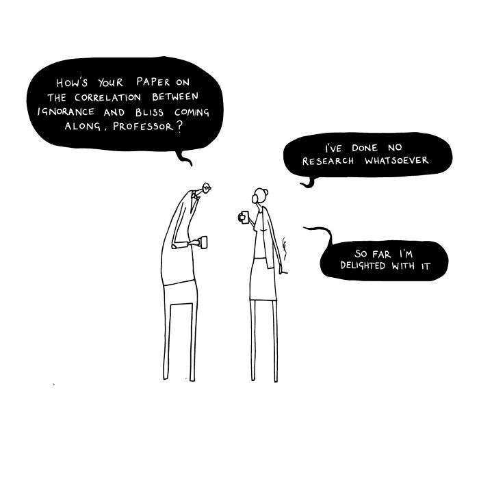 Minimalist comic showing two people discussing a paper, illustrating humor in dumb comics for smart people.