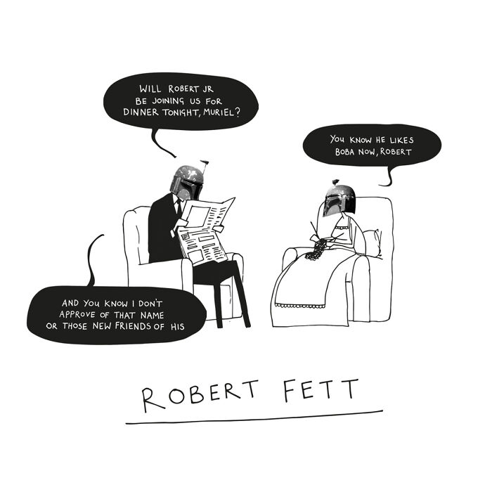 Black and white comic featuring two characters wearing helmets discussing Robert Fett in a dumb comics style.