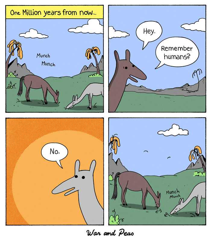 Comic panels showing animals a million years from now with an unexpected plot twist about remembering humans.