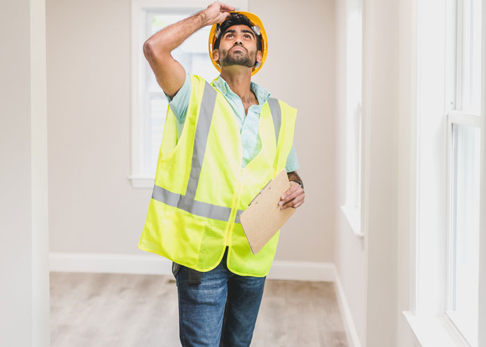 Man in a yellow safety vest and helmet inspecting a home interior, sharing knowledge about homeowning.