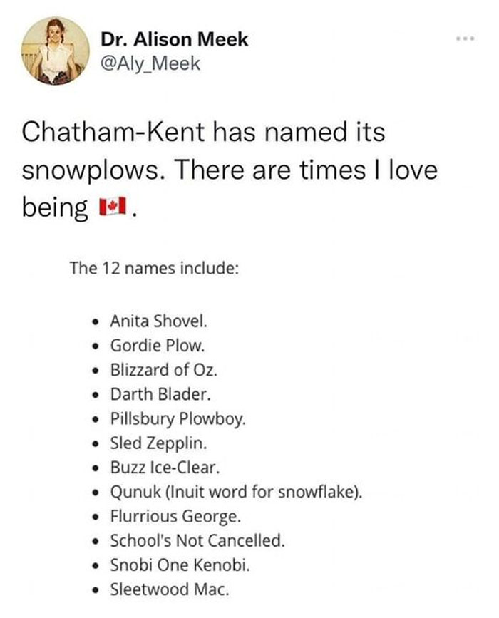 Tweet showcasing Canada's humor with snowplow names like "Sled Zeppelin" and "Snobi One Kenobi."