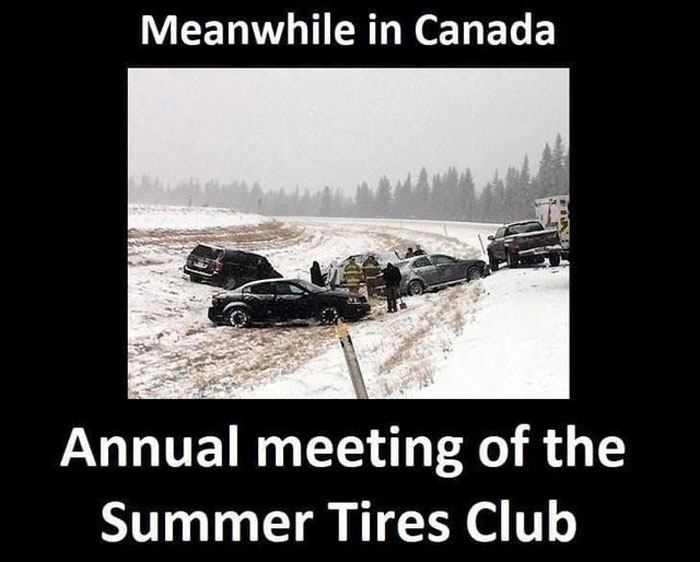 Cars stuck in snow, captioned "Meanwhile in Canada, Annual meeting of the Summer Tires Club," highlighting Canadian winter humor.