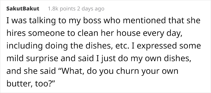 Screenshot of a privileged comment showing disconnected attitudes about household chores and cleaning staff.
