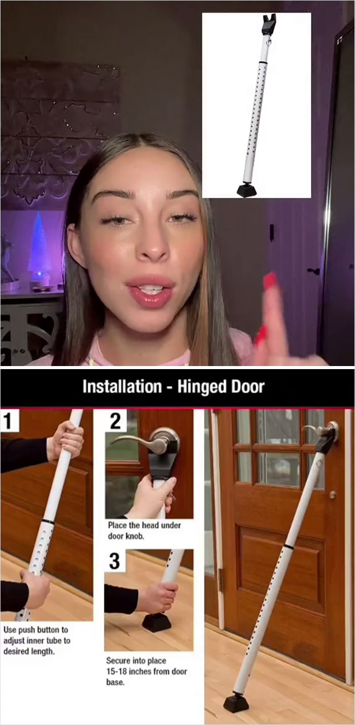 Woman demonstrating door security bar installation with life-saving tips shared by a private investigator for home safety.