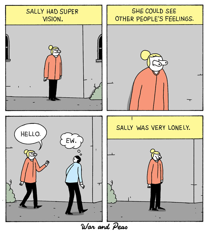 Comic strip showing a woman with super vision who sees others' feelings, highlighting unexpected plot twists and endings.