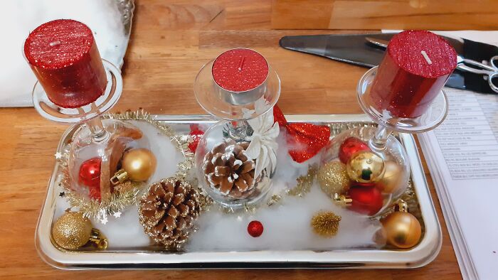 My Table's Center Made With Wine Glass, Cotton Foam, Candlle Etc