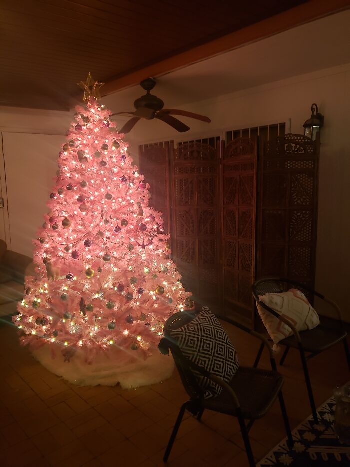 First Year Putting The Pink Christmas Tree Outside Under The Patio So The Cats Can't Get To It