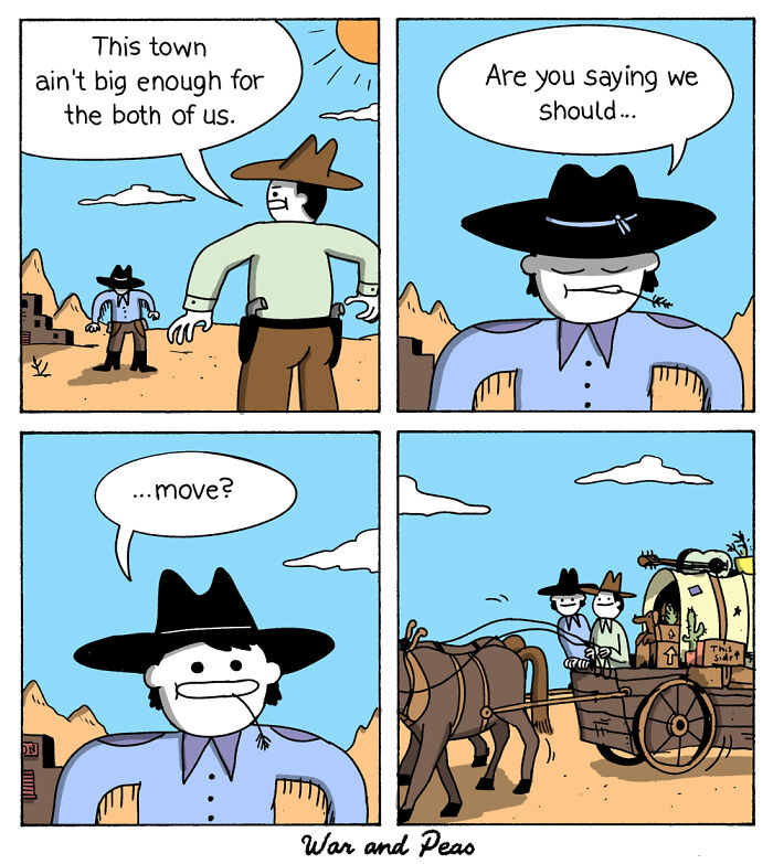 Western-style comic with unexpected plot twist showing cowboys deciding to move together in a desert setting.