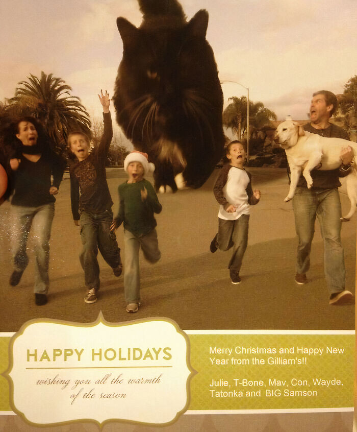 Funny Christmas card with a giant cat chasing a family, capturing the whimsical holiday spirit.