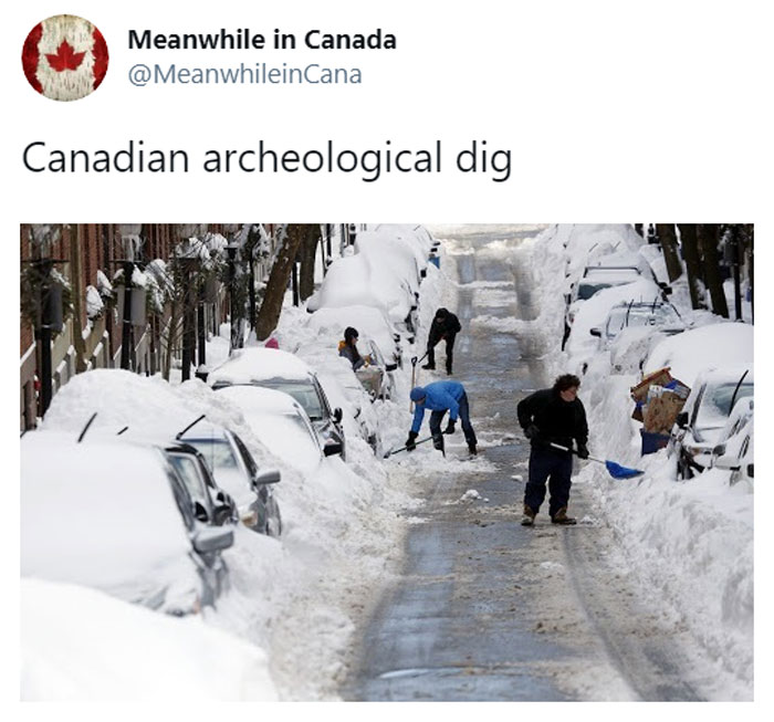 People shoveling snow off cars and sidewalks on a Canadian street after heavy snowfall.