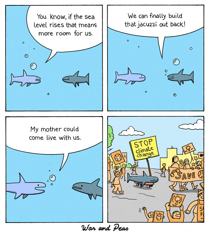 Comic with unexpected plot twists showing sharks discussing rising sea levels, ending with a climate change protest scene.