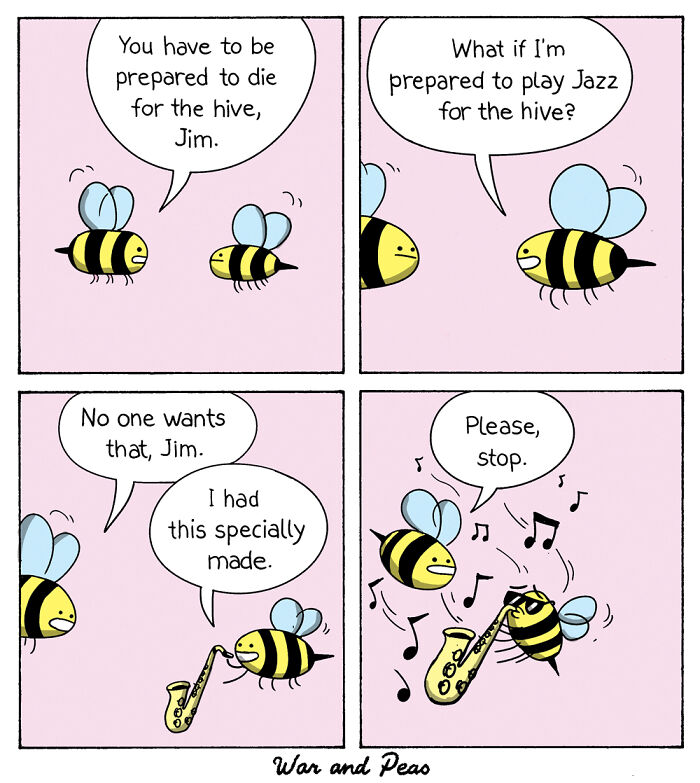 Comic with bees featuring unexpected plot twists as one plays jazz on a saxophone against hive rules.