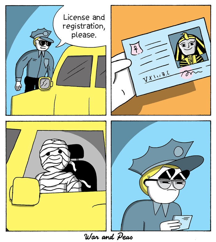 Comic panels showing a police officer asking for license, a pharaoh ID, a mummy driver, and the officer surprised by the twist.