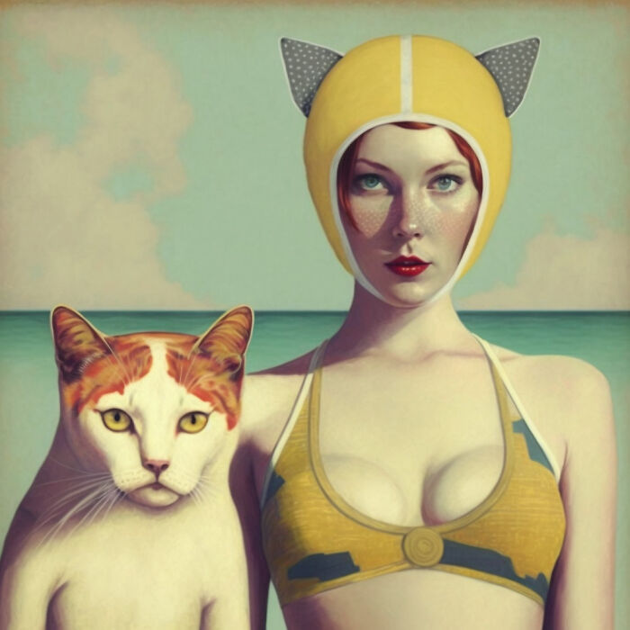 A Pretty Lady And Her Cat At The Beach