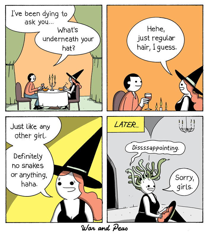 Comic with unexpected plot twists showing a witch hiding snakes under her hat, surprising her date later.