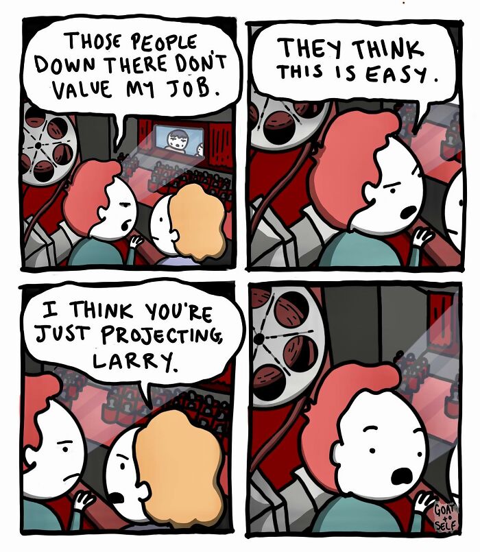 Absurd comic by Canadian artist featuring characters discussing their jobs with a film projector in the background.