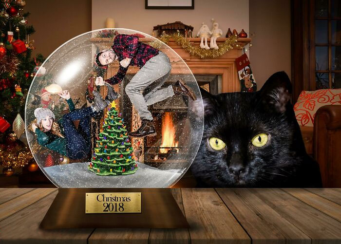 Funny Christmas card with a family inside a snow globe, and a black cat staring. Fireplace and decorations in the background.