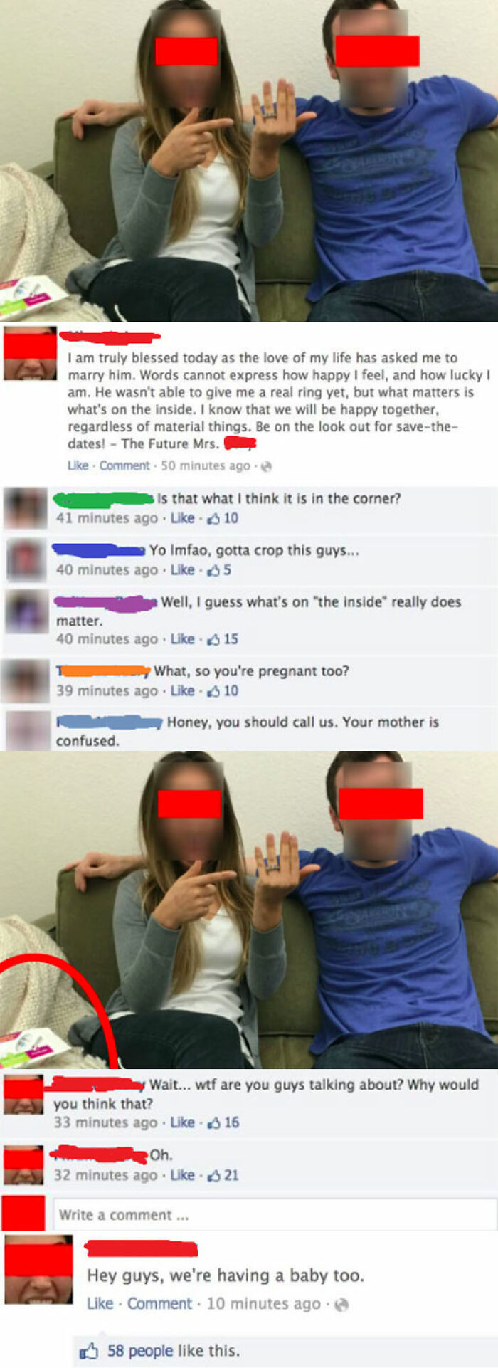 Couple sharing engagement announcement, missing crucial detail in corner, leading to embarrassing social media comments.