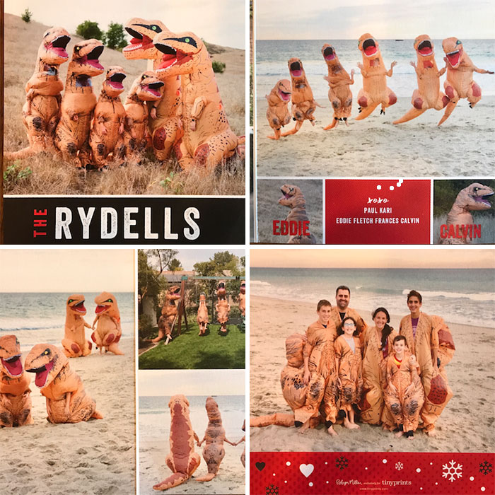 Funny Christmas cards featuring families in dinosaur costumes on the beach and in nature.