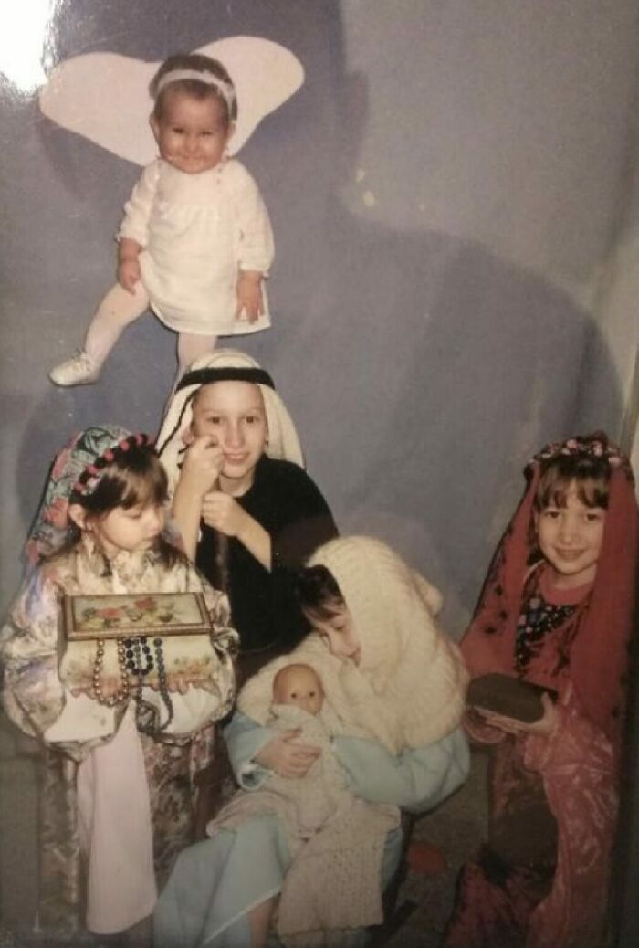 Christmas, 1997. My Baby Sister Was Being Held Up By My Dad Through A Hole Cut In The Sheet And He Was Shouting At My Mom To Take The Picture
