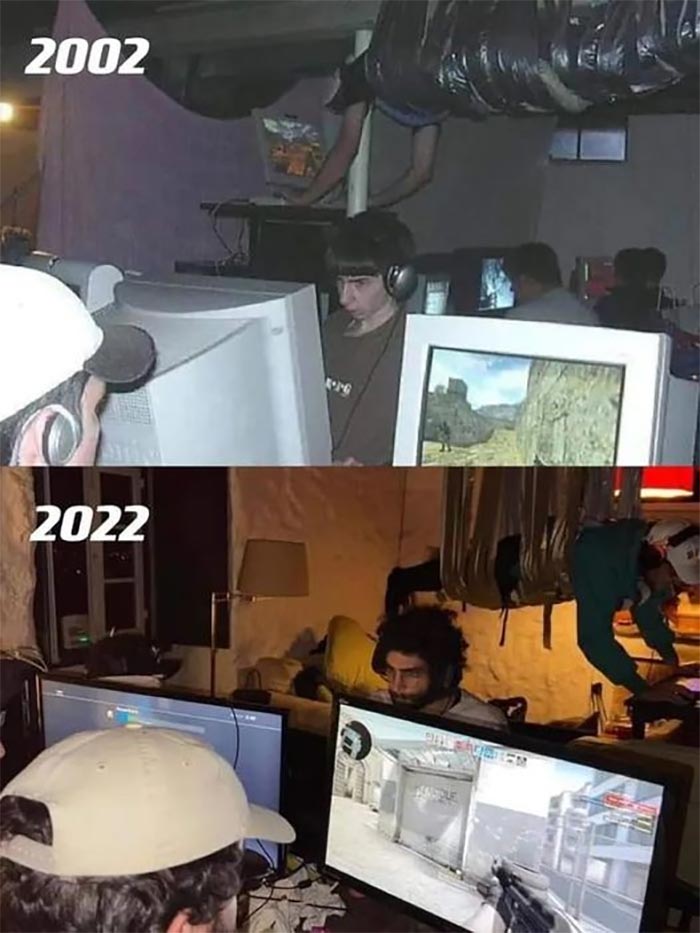 Two cursed gaming setups from 2002 and 2022, featuring unusual surroundings and intense focus on players.