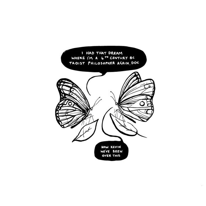 Two butterflies having a humorous conversation in a comic style illustration for dumb comics for smart people.