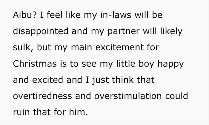 Mom Asks If She's Being Unreasonable For Thinking About 'Canceling Christmas' At Her In-Laws, So As To Not Disrupt Son's Daily Routine