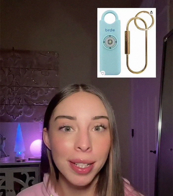 Woman sharing life-saving tips with an inset image of a personal safety device and keychain accessory.