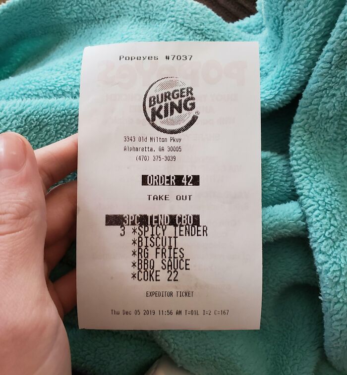 My Popeyes' Receipt Has A Burger King Logo On It