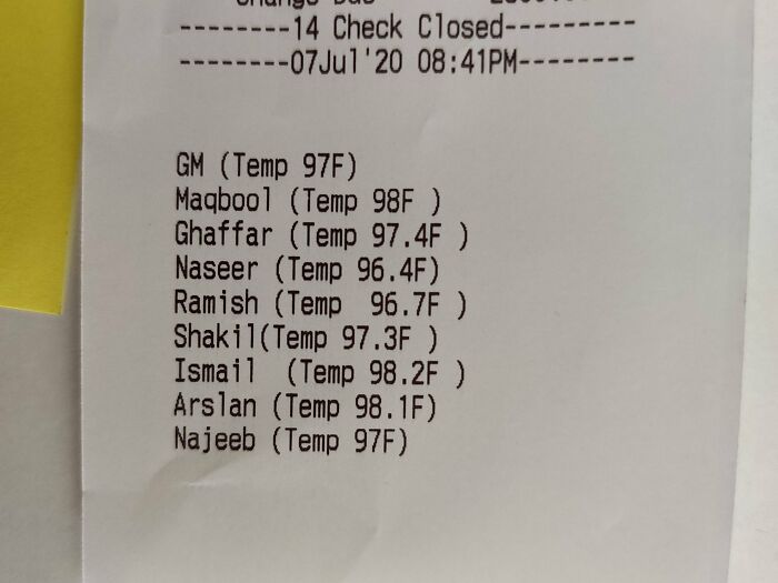 Local Takeaway Prints The Temperatures Of All The Staff Currently Working There In The Receipt