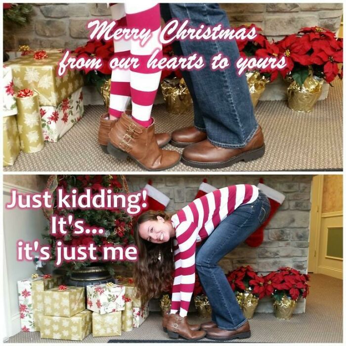 Funny Christmas card featuring a woman bending over, pretending to be part of a couple's festive photo.