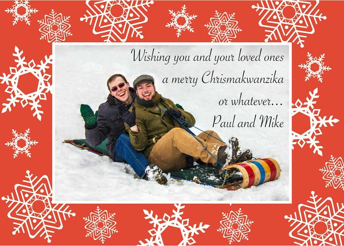 Funny Christmas card with two people sledding, surrounded by a festive red snowflake border.