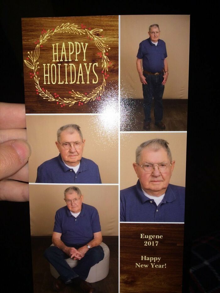 Funny Christmas card with multiple photos of an elderly man posing, accompanied by "Happy Holidays" text and New Year wishes.