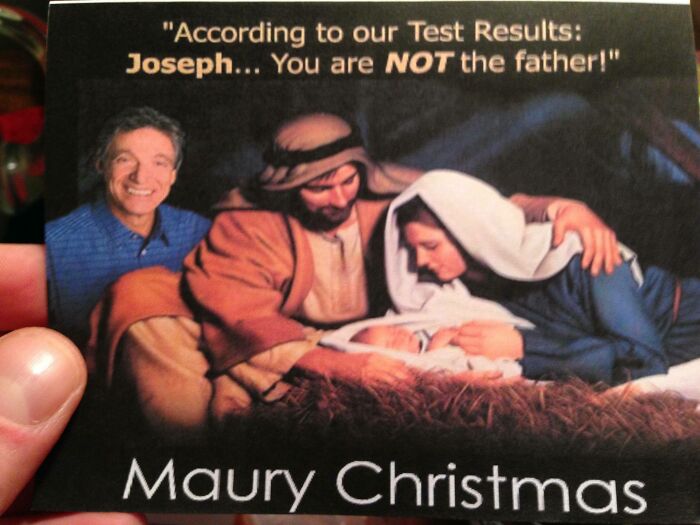 Funny Christmas card parody with a paternity joke featuring a popular TV host and nativity scene.