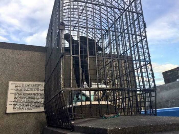 This Statue Of The Devil Defeating The Archangel Michael On Top Of A Tomb That Is Caged Off