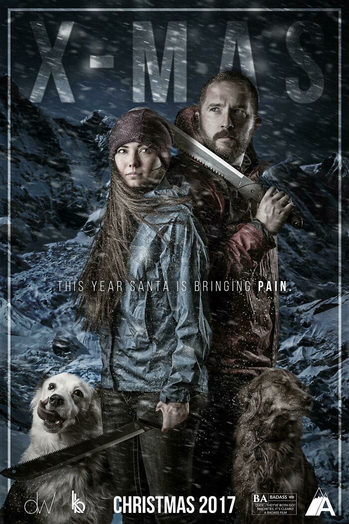 Funny Christmas card with people and dogs holding saws, standing in a snowy mountain setting, captioned "This year Santa is bringing pain."