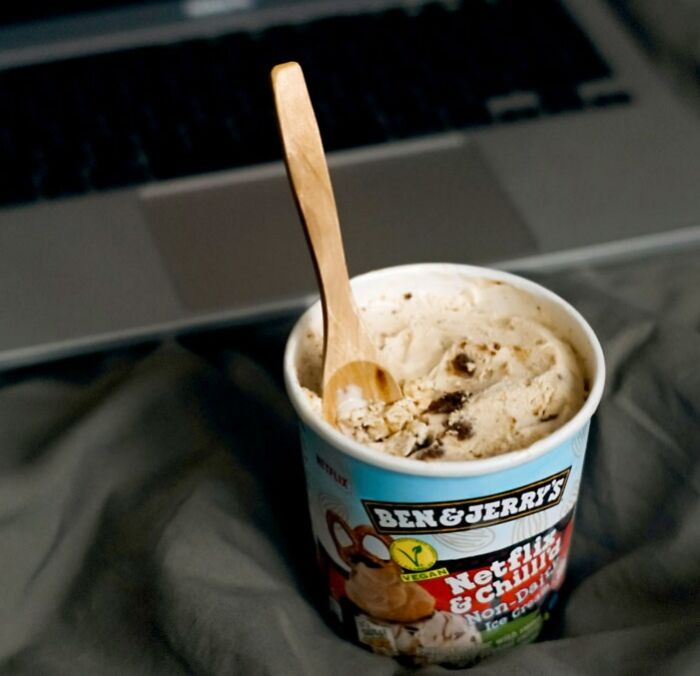 Ice cream with a spoon in it 