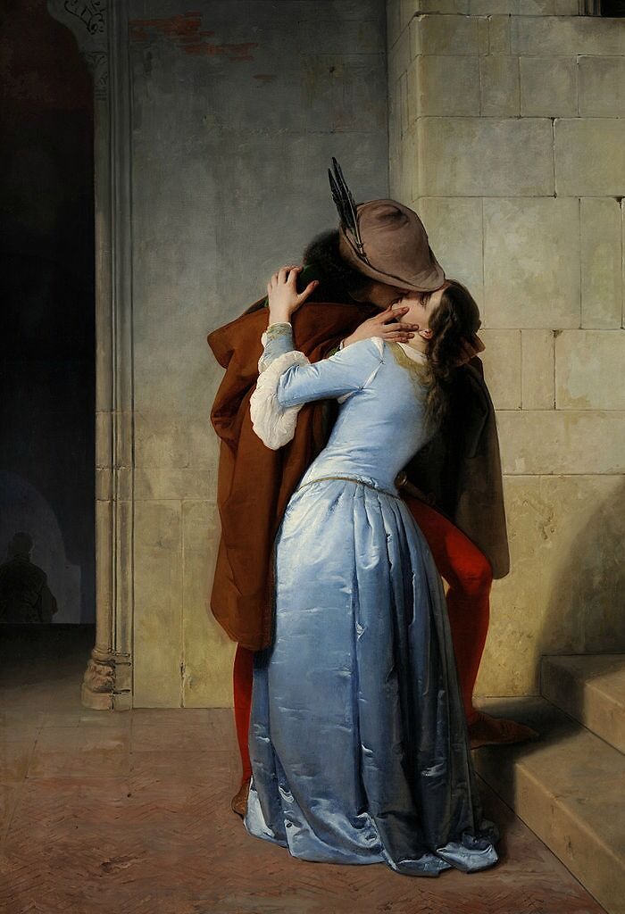 The Kiss by Francesco Hayez, 1859, showing a romantic embrace in classic art, illustrating curious facts in art classes.