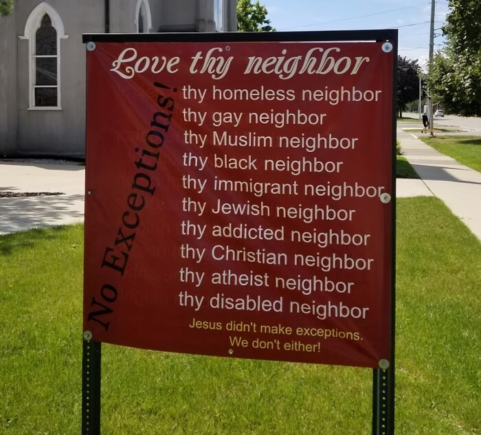 Funny church sign about love thy neighbor