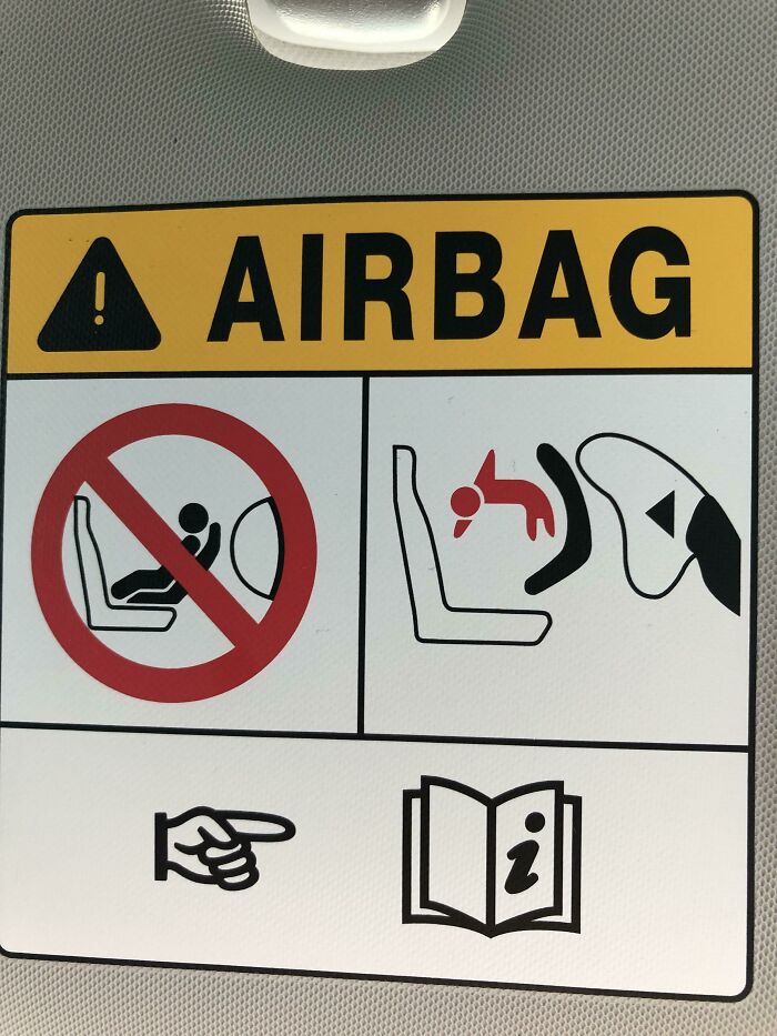 Airbag warning sign depicting incorrect and dangerous child seat placement, showcasing a common instruction misunderstanding.