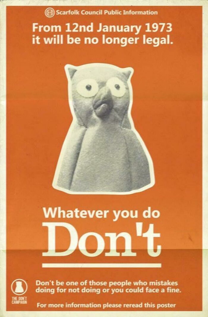 Vintage public info poster with a confused owl statue, showing a funny example of people failing to understand instructions.
