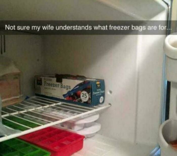 Freezer bags stored inside a freezer shelf, showcasing a funny fail to understand instructions and hilarious mishaps.
