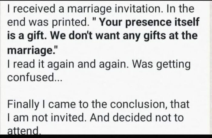 Text showing a confusing marriage invitation message leading to a funny misunderstanding of instructions.
