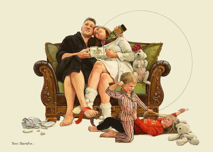 Funny Christmas card showing a family on a couch with parents drinking, kids playing, and a dog wearing a gift bow.
