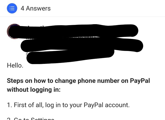 Screenshot of a user asking for steps to change phone number on PayPal without logging in, showing a failed instruction attempt.