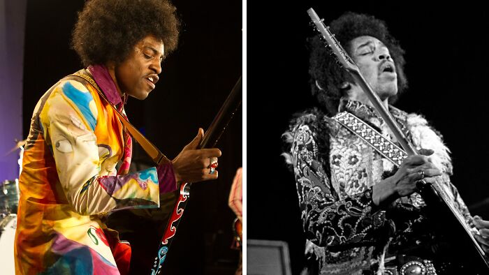 Side-by-side comparison of a well-known historical musician in real life and movie portrayals with detailed costumes and guitars.