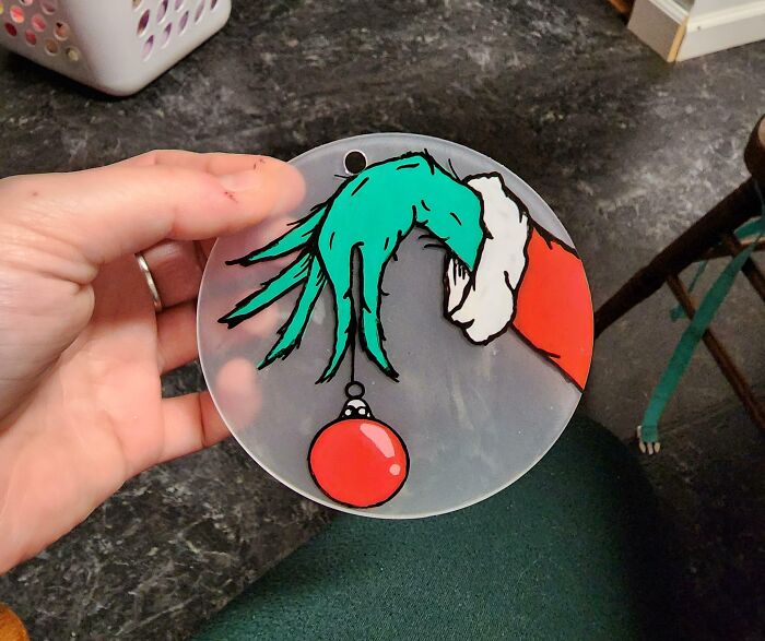 Hand-Painted For A Grinch-Loving Family Member. I Wish My Paint Pen Set Had A Better Green Color To Work With, But Oh Well. Still Need To Seal So No Ribbon Yet
